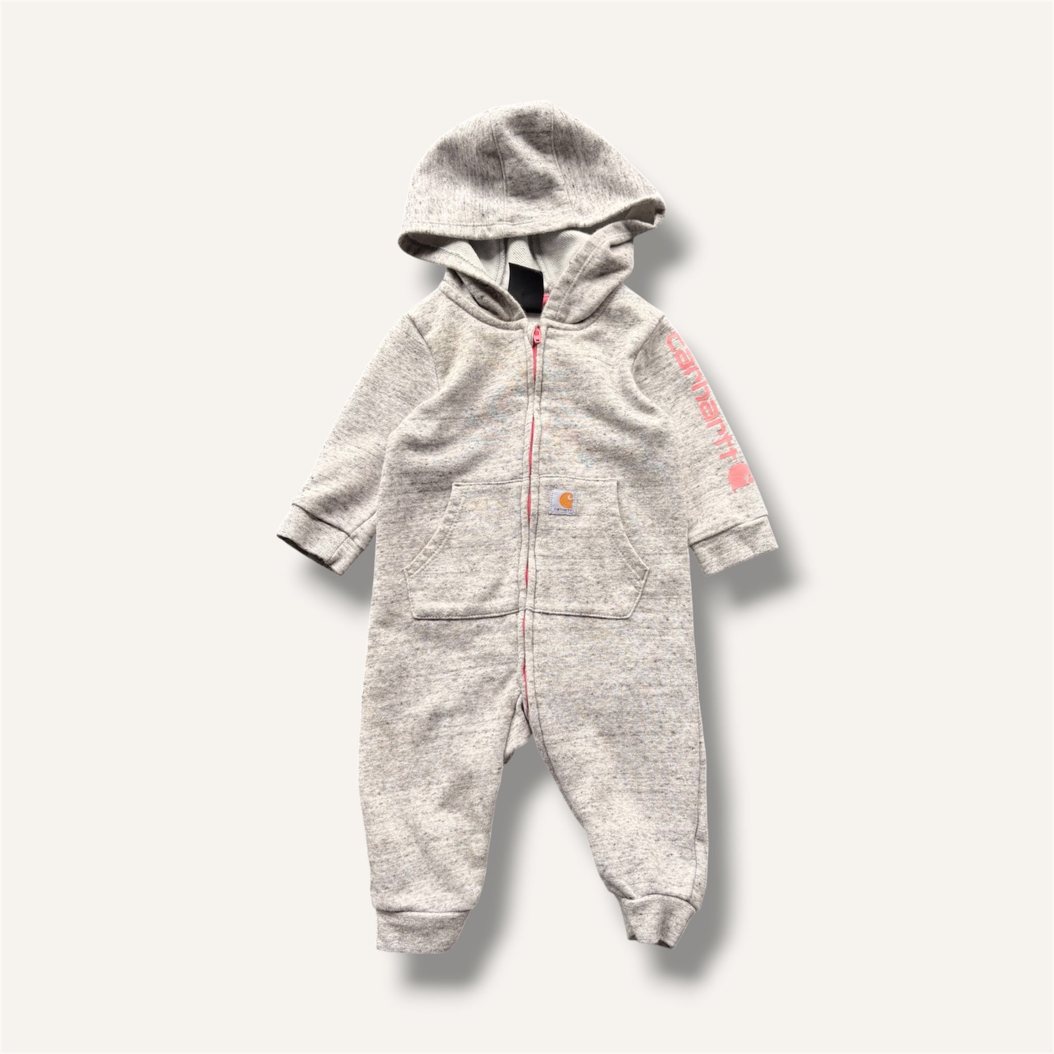 Carhartt Heather Grey Romper With Baby Pink Branding (3/6M)