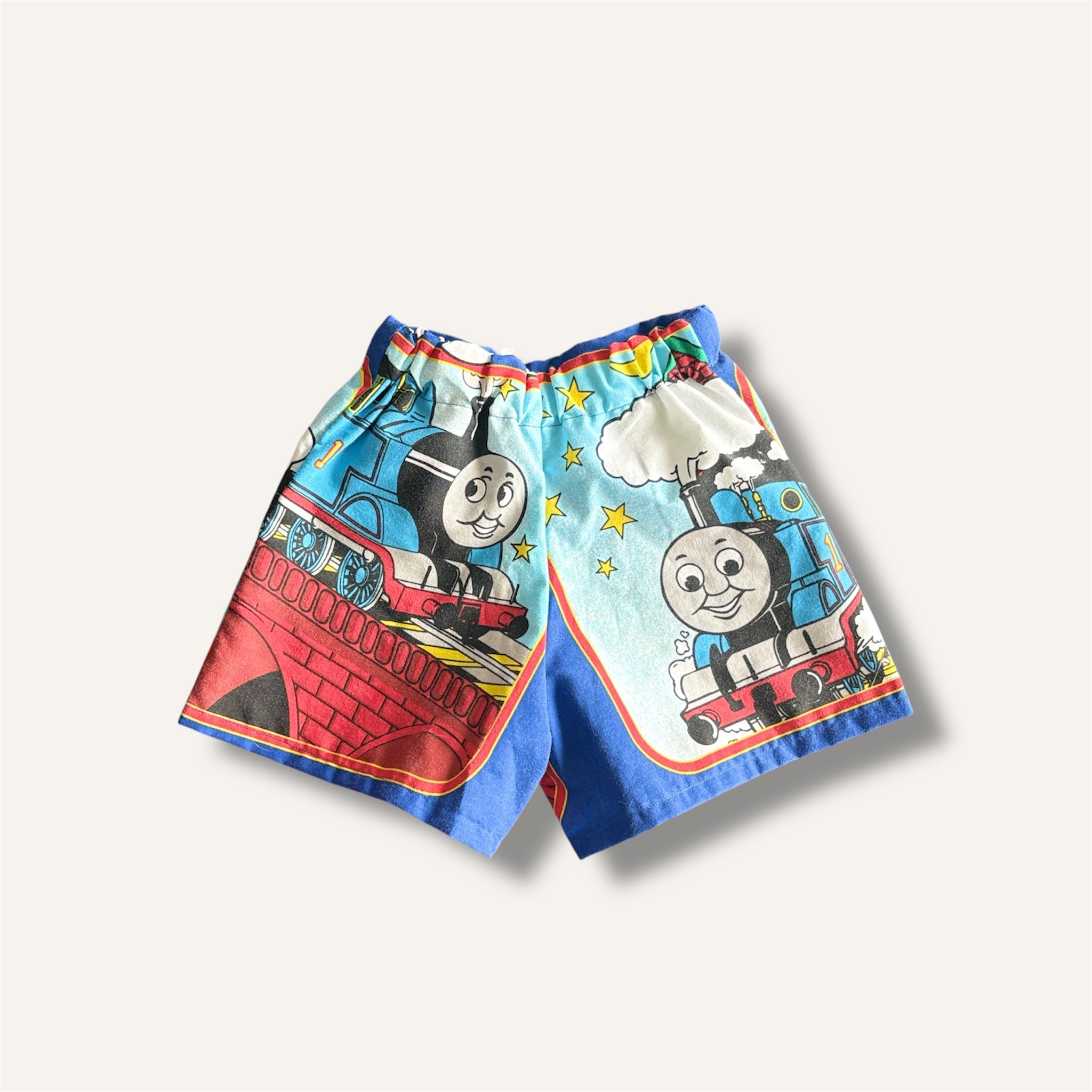 Reworked Vintage 1999 "All Aboard" Thomas Shorts, One-of-a-Kind Upcycle (1-2T)