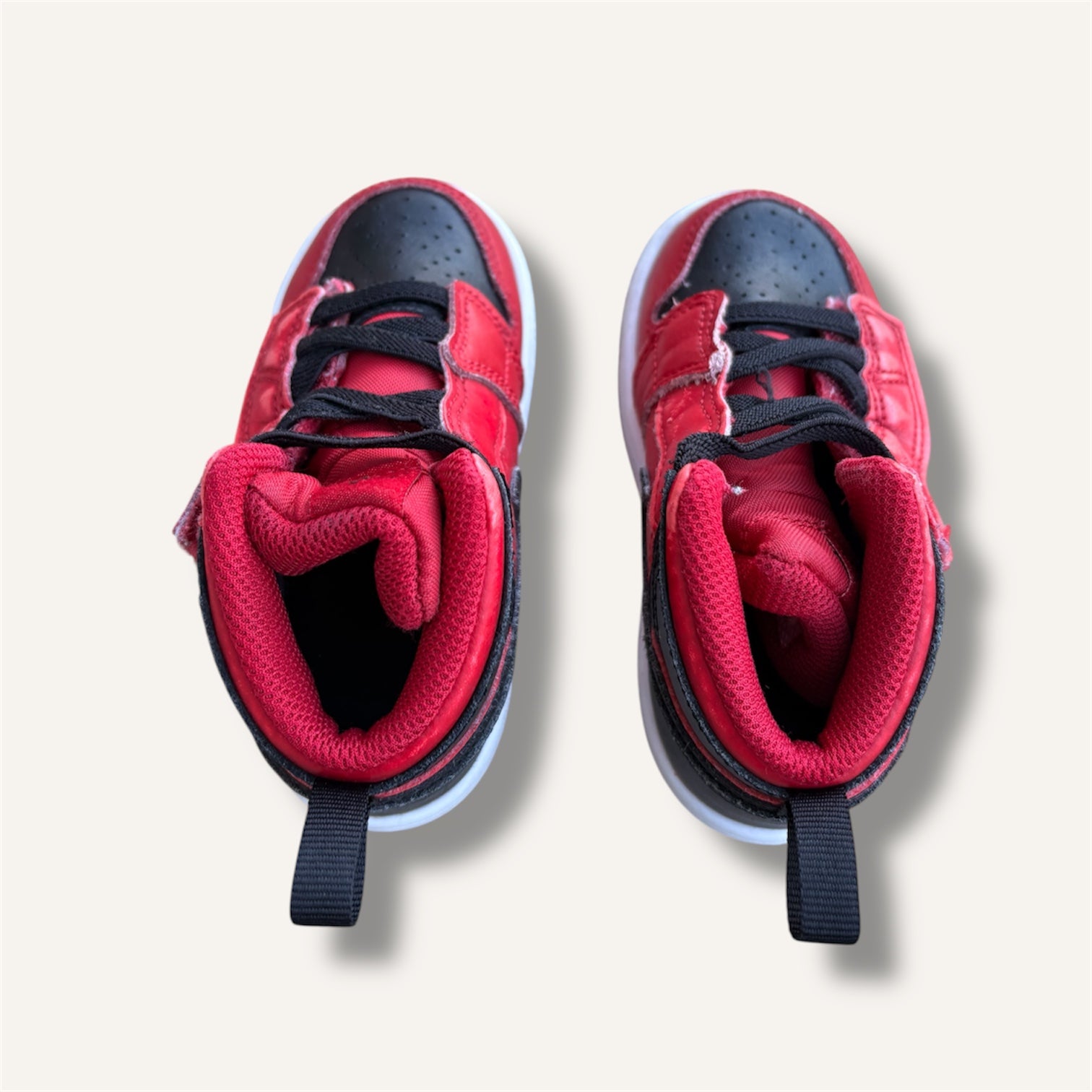 Nike Jordan 1 Mid, Red and Black Shoes (6C)