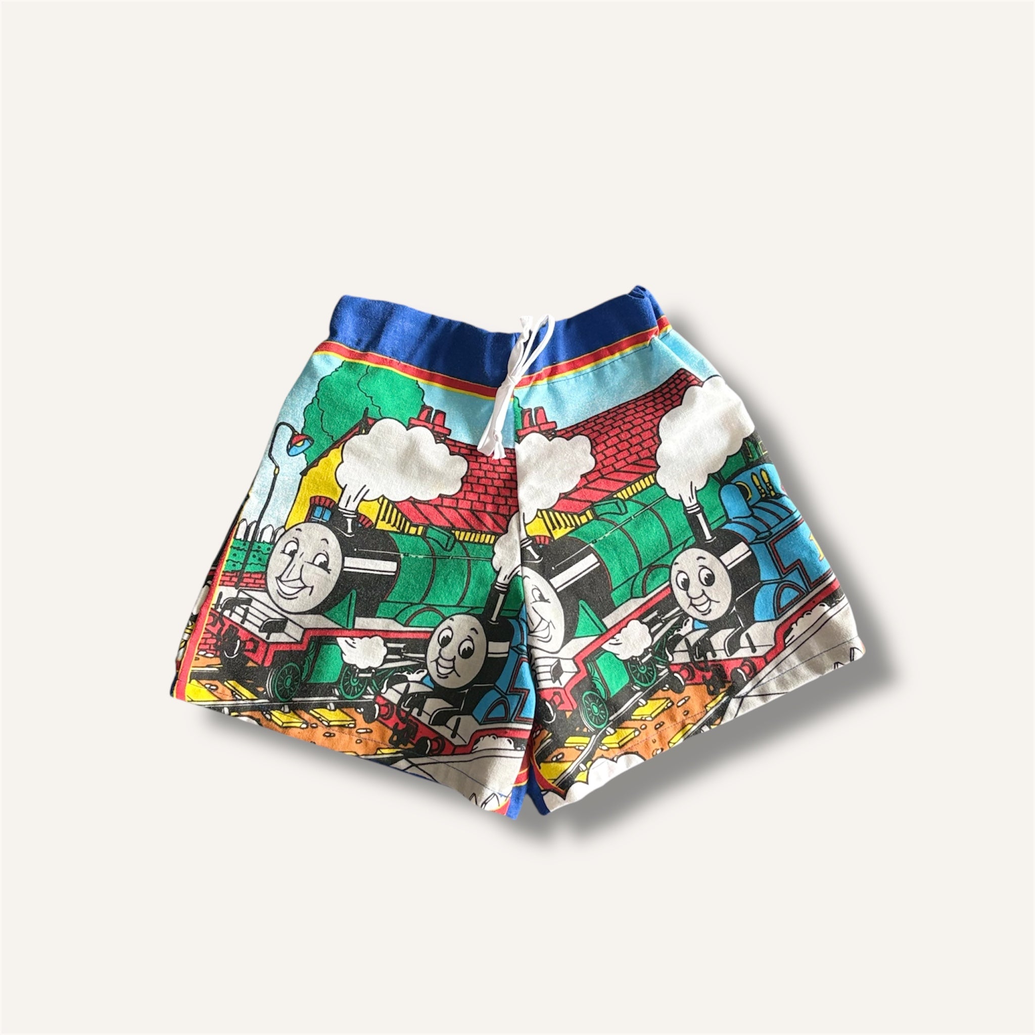 Reworked Vintage 1999 "All Aboard" Thomas Shorts, One-of-a-Kind Upcycle (1-2T)