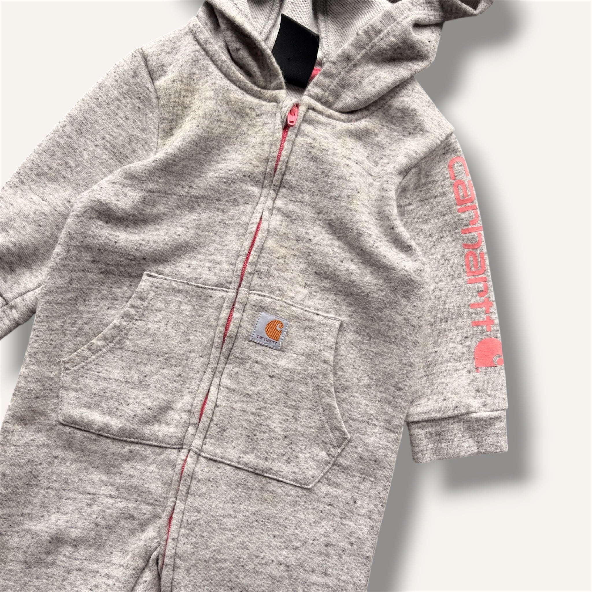 Carhartt Heather Grey Romper With Baby Pink Branding (3/6M)