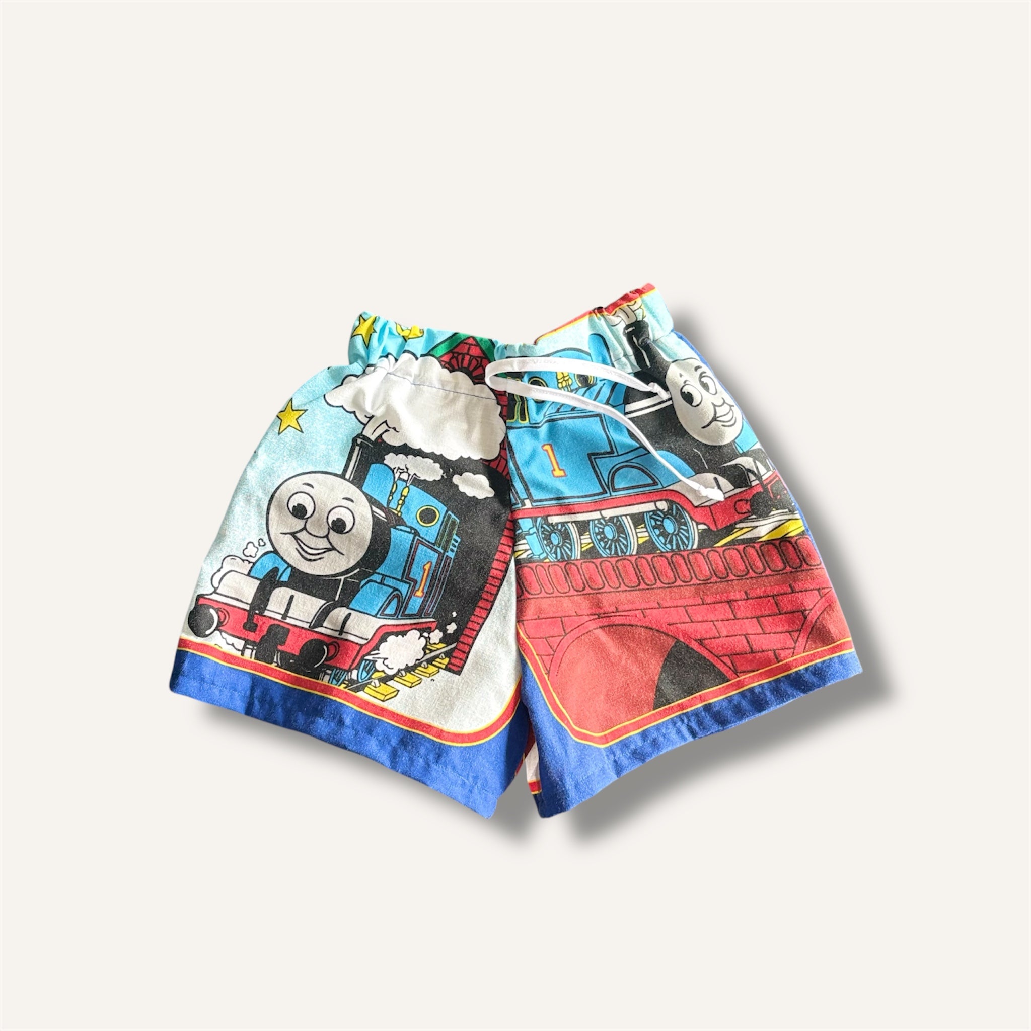 Reworked Vintage 1999 "Rail Ready" Thomas Shorts, One-of-a-Kind Upcycle (1-2T)